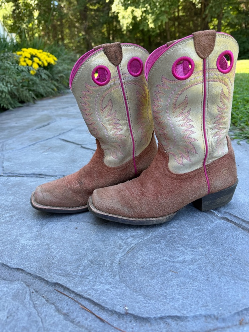 Ariat Brown Suede & Cream Kids Cowboy Boots with Pink Trim